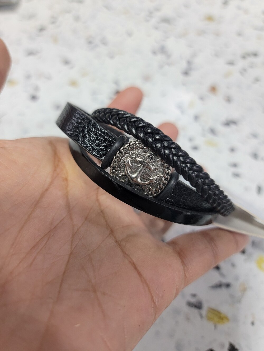 Black Men's Anchor Accent Leather Bracelet - Fashion Accessory
